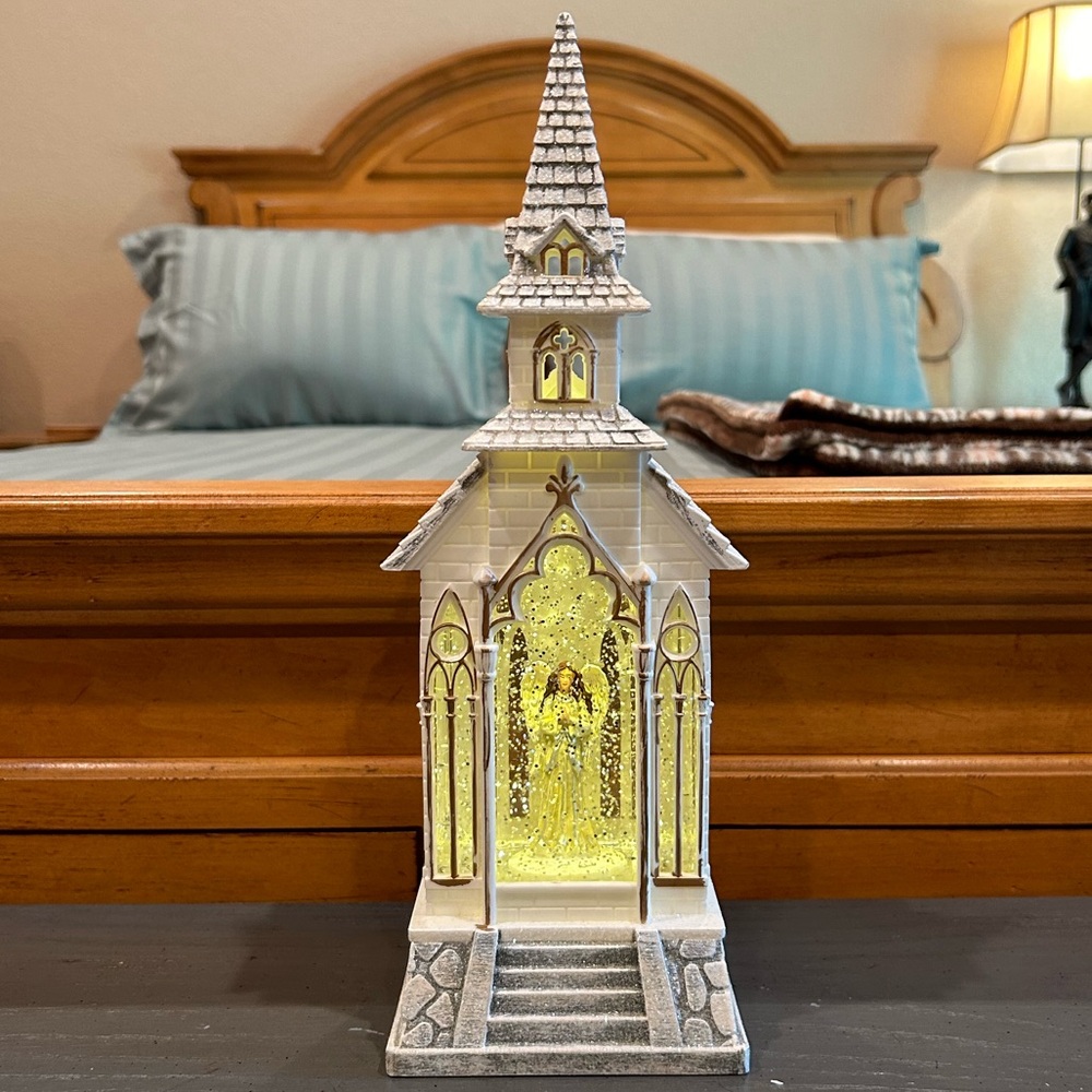 Raz Imports Angel Lighted Water Church Figurine Glitter Lantern - 13 inch